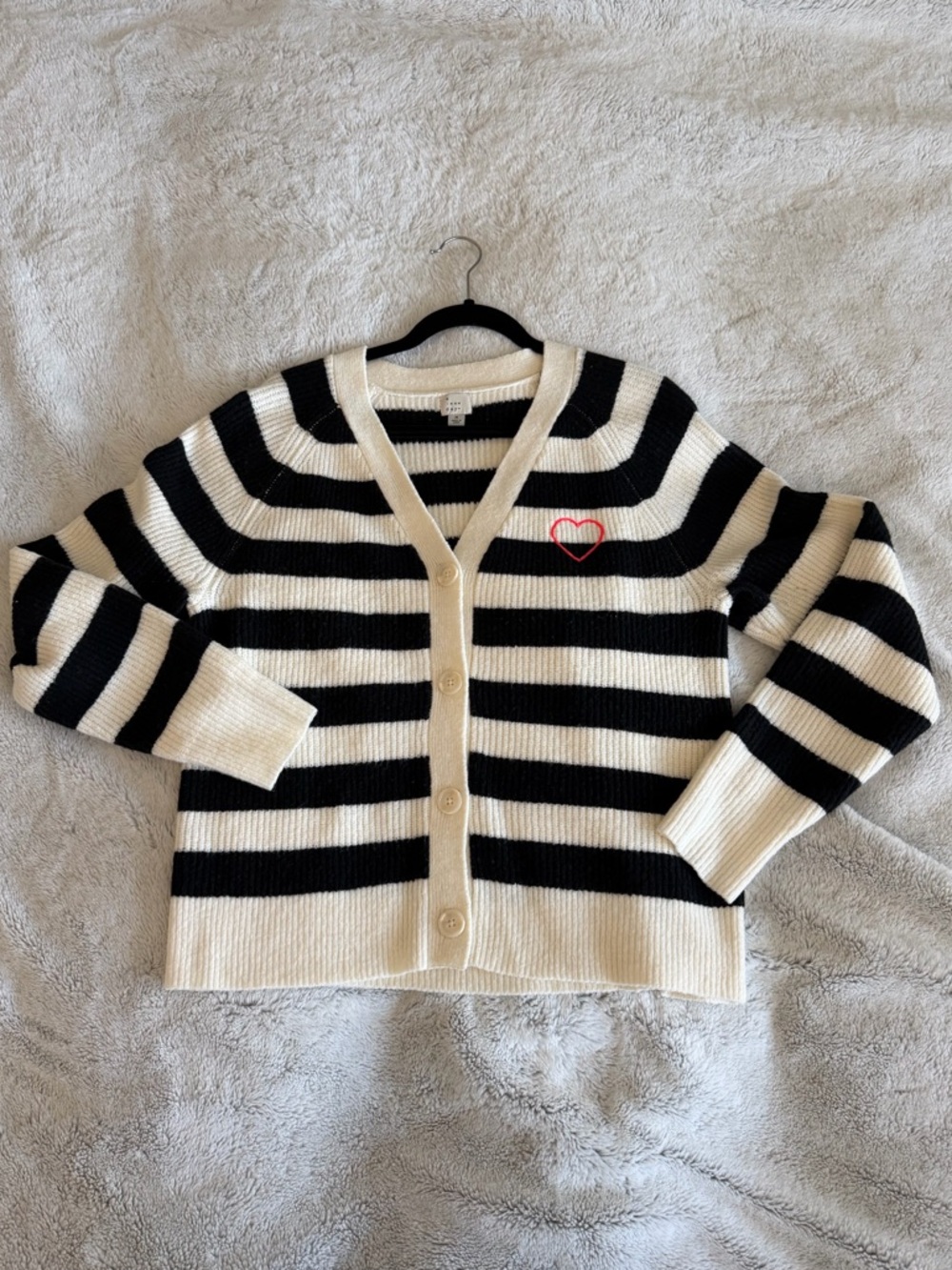 a new day Black & Cream Striped V-Neck Cardigan with Red Heart